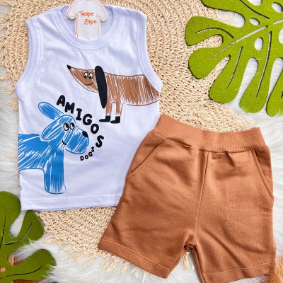 Conj. Regata Amigos Dogs e Bermuda - Branco e Ferrugem